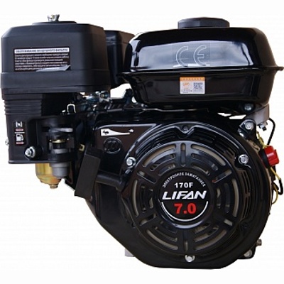 Двигатель LIFAN 170F (7 л.с., 4-хтактный, одноцилиндровый, с воздушным охлаждением, вал 20 мм, объем 212см?, ручная система запуска, вес 16 кг)