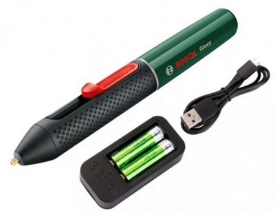 Клеевой пистолет BOSCH Gluey Evergreen (цвет корпуса зеленый) Клеевая ручка; USB-кабель; Зарядное USB-устройство; 2 аккумуляторные батареи 1,2 В HR06 (AA); 8 прозрачных клеевых стержней; 7 цветных кле - фото
