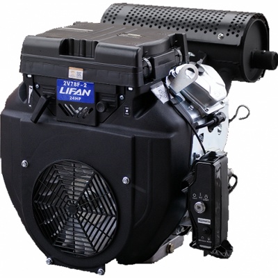 LIFAN 2V78F-2А (24 л.с., 2-хцилиндровый, бензиновый, масляный радиатор, катушка 20А, вал 25 мм, объем 688см?, ручной/электрический стартер, вес 46 кг)