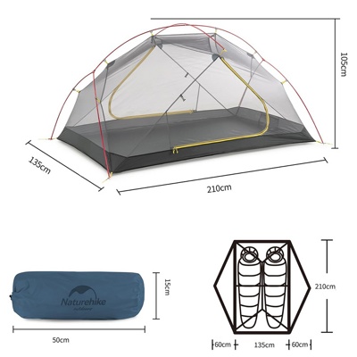 Палатка Naturehike Mongar NH19M002-J 210T двухместная сверхлегкая , синяя Navy Blue, 6975641880998