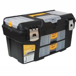 Ящик для инструмента пластмассовый ГЕФЕСТ 21 металлические замки ( с 2 консолями и коробками) - фото