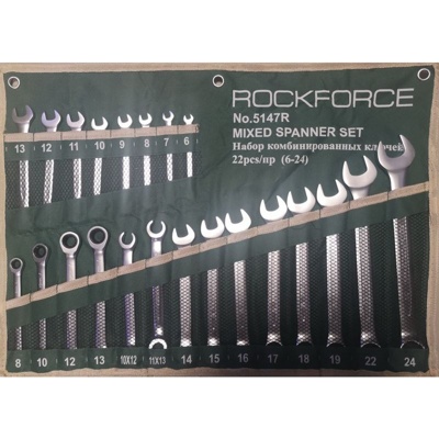 Rock FORCE RF-5147R Набор ключей комбинированных универсальный 22пр;.комбинированные 16пр( 6-24мм)разрезные 2пр(10-12,11-13мм).трещоточные 4пр(8-13мм) на полотне