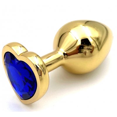 Золотистая анальная пробка с синим камушком в виде сердечка L - фото