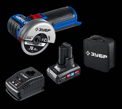 Бесщеточная УШМ ЗУБР 12 В, D76 мм, 1 АКБ тип Т7 (4 А·ч), сумка, Профессионал (AB-76-41)