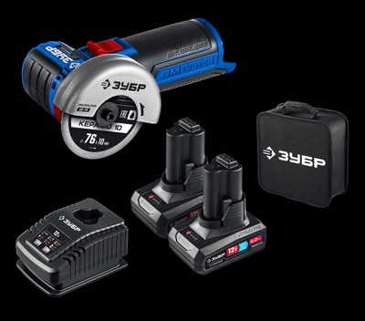 Бесщеточная УШМ ЗУБР 12 В, D76 мм, 2 АКБ тип Т7 (4 А·ч), сумка, Профессионал (AB-76-42)